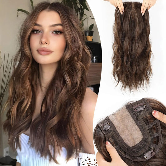 20 Inch Long Wavy Synthetic Hair Toppers 6*6 Lace Base Hair Topper Brown Highlight Hairpieces for Women Daily Heat Resistant